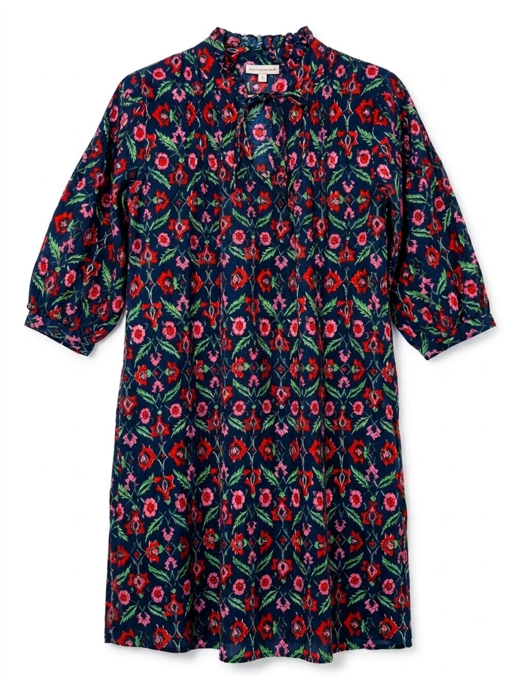 Fitzroy and Willa Blue Block Print Mini Dress Cotton Short Sleeve Dress Small